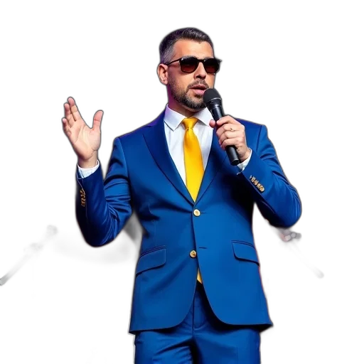 jacket, staff, man, blue, suit, yellow, tie, standing transparent PNG cut-out