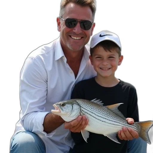 man, young, boy, standing, boat, holding, fish, wearing transparent PNG cut-out