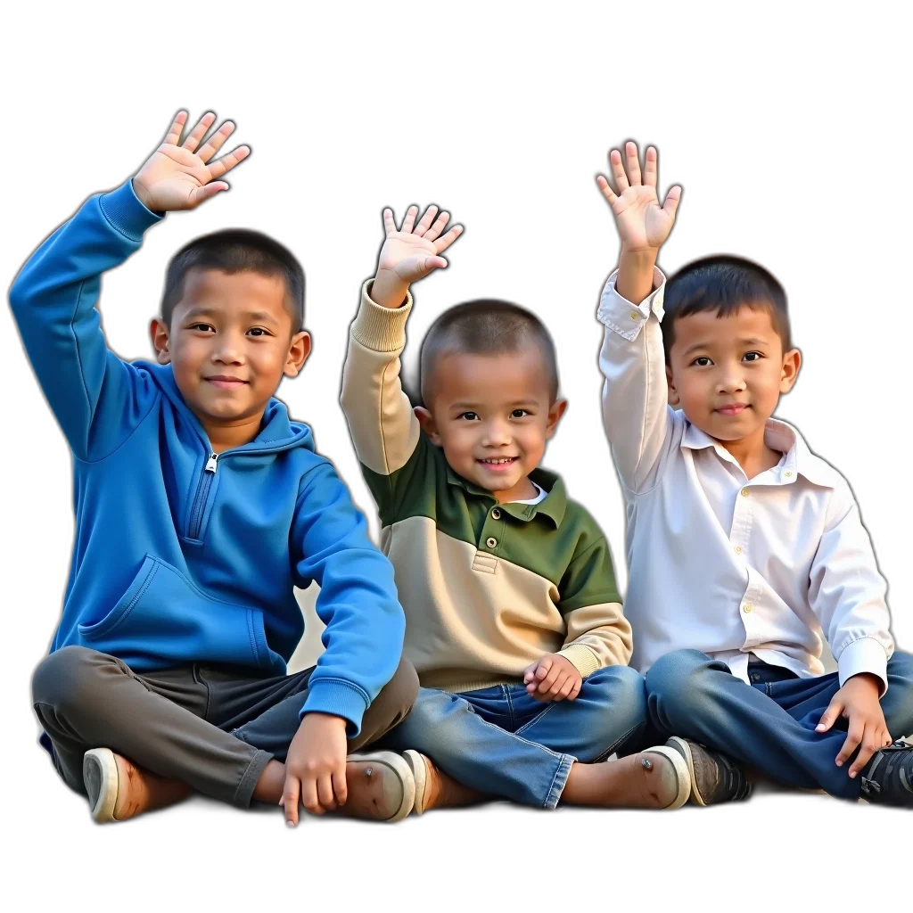 three, children, sitting, ground, outside, building, brick, wall transparent PNG cut-out
