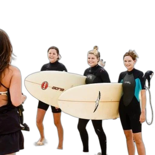 three, women, wetsuits, stand, beach, holding, surfboards, another transparent PNG cut-out