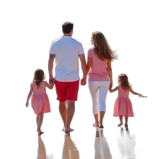 photorealistic, family, four, walking, beach, father, wearing, white transparent PNG cut-out