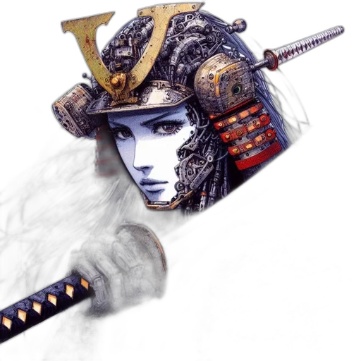 sword, weapon, hat, robot, fantasy art, concept art, photorealistic, cyberpunk transparent PNG cut-out