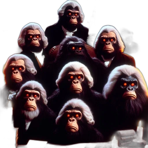 animal, staff, mask, concept art, group, dressed, chimpanzees, glowing transparent PNG cut-out