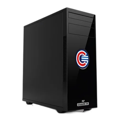 3d render, black, modern, computer, tower, circular, logo, side transparent PNG cut-out