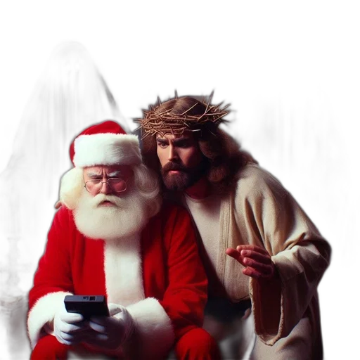 concept art, photorealistic, pixel art, old-fashioned, room, santa, christ, along transparent PNG cut-out