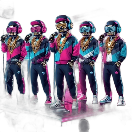 jacket, staff, robot, concept art, vaporwave, 3d render, pixel art, neon transparent PNG cut-out