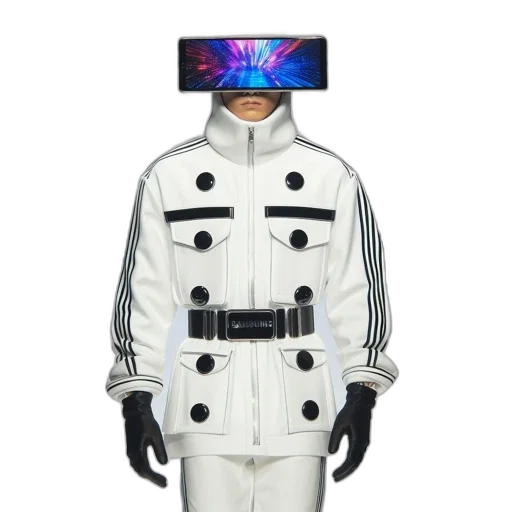 jacket, robot, mask, staff, cyberpunk, vaporwave, concept art, 3d render transparent PNG cut-out
