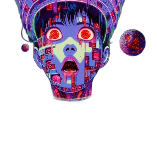mask, face, hat, robot, concept art, cyberpunk, 3d render, vaporwave transparent PNG cut-out