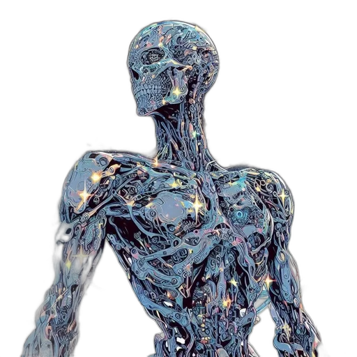 robot, creature, dress, jewelry, cyberpunk, concept art, 3d render, blue transparent PNG cut-out