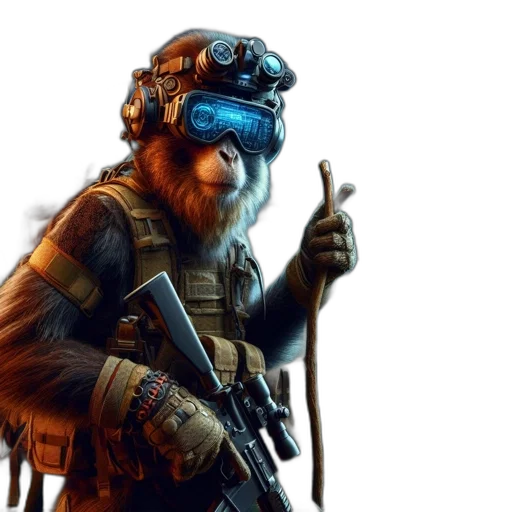 concept art, fantasy art, cyberpunk, 3d render, nocturnal, primate, dressed, tactical transparent PNG cut-out