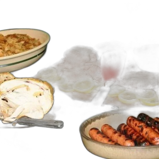 food, earth tones, variety, dishes, including, grilled, chicken, sausages transparent PNG cut-out