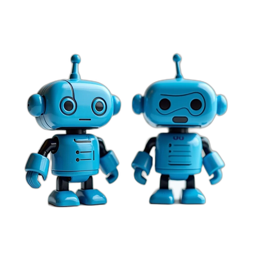 robot, 3d render, concept art, blue, two, small, robots, intricate transparent PNG cut-out