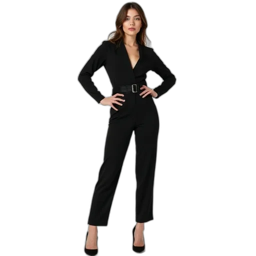 jacket, woman, standing, her, hands, hips, wearing, black transparent PNG cut-out