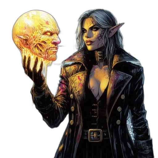 mask, jacket, concept art, fantasy art, comic book art, dark, elf-like, woman transparent PNG cut-out