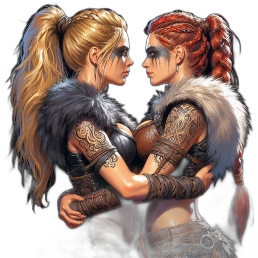 fantasy art, concept art, comic book art, pixel art, fire, snow, two, female transparent PNG cut-out