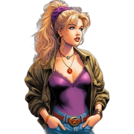 jacket, jewelry, comic book art, concept art, pixel art, cartoon, young, woman transparent PNG cut-out