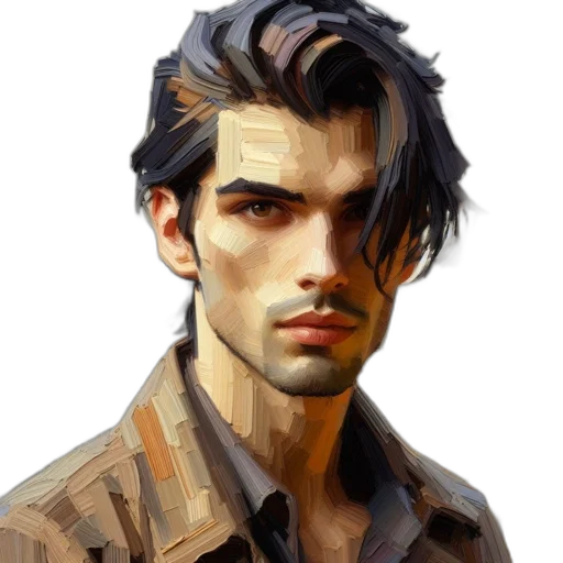 face, jacket, photorealistic, oil painting, fantasy art, concept art, earth tones, dark transparent PNG cut-out