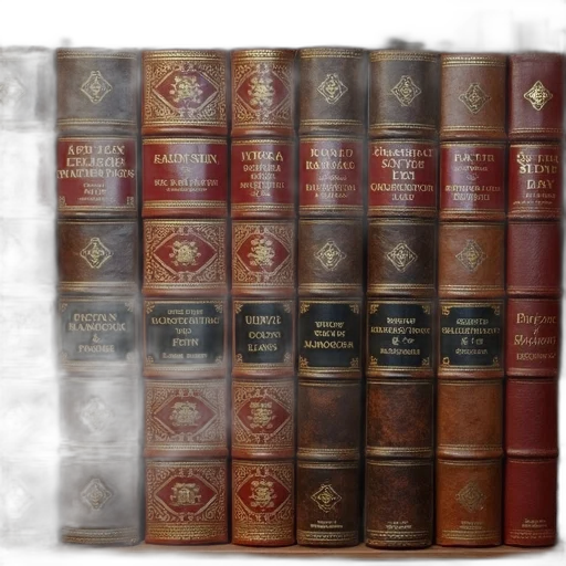 collection, old, leather-bound, books, gold, lettering, spines, arranged transparent PNG cut-out