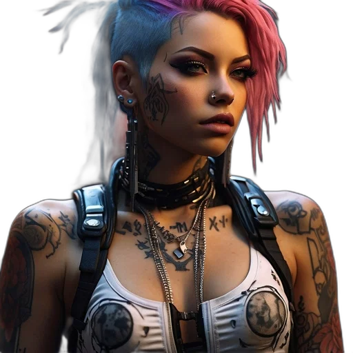jewelry, staff, face, jacket, cyberpunk, concept art, fantasy art, photorealistic transparent PNG cut-out