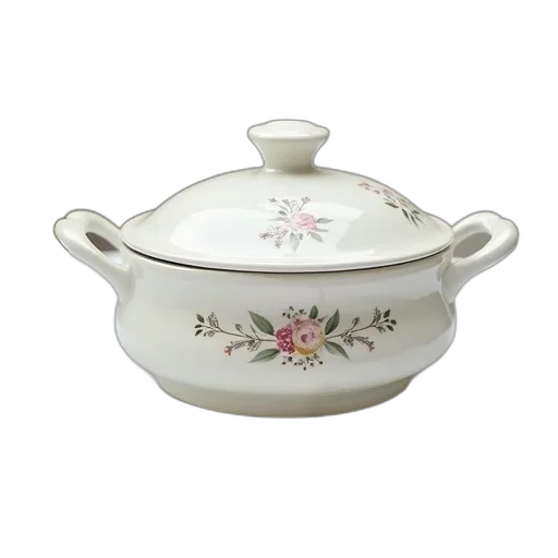 white, ceramic, casserole, dish, floral, pattern, sits, tablecloth transparent PNG cut-out
