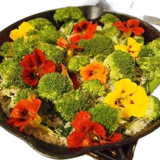 food, crown, skillet, filled, broccoli, edible, flowers, placed transparent PNG cut-out