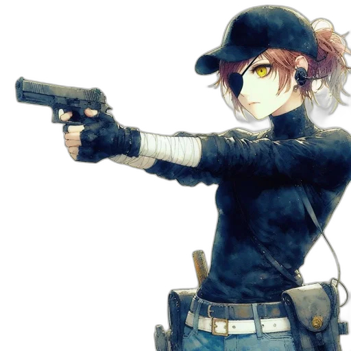 weapon, staff, jacket, hat, anime, concept art, pixel art, cyberpunk transparent PNG cut-out