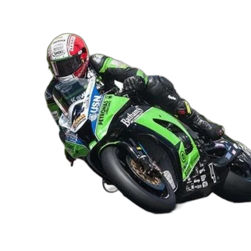 photorealistic, motorcycle, racer, green, black, suit, leans, into transparent PNG cut-out