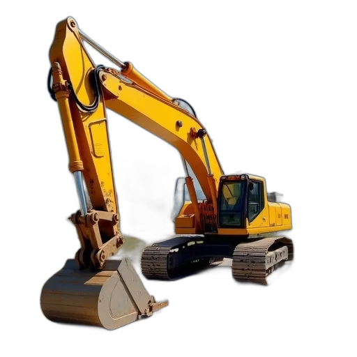 robot, 3d render, large, heavy-duty, yellow, excavator, parked, dirt transparent PNG cut-out