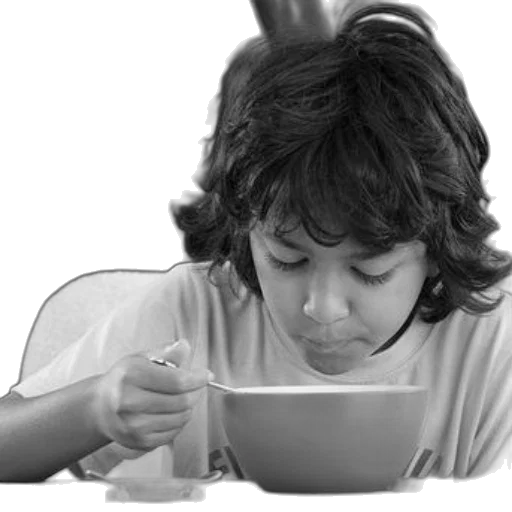 food, photorealistic, young, boy, curly, hair, eating, cereal transparent PNG cut-out