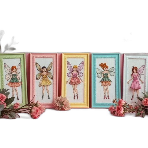 watercolor, 3d render, concept art, pastel, collection, six, cross-stitch, fairy transparent PNG cut-out