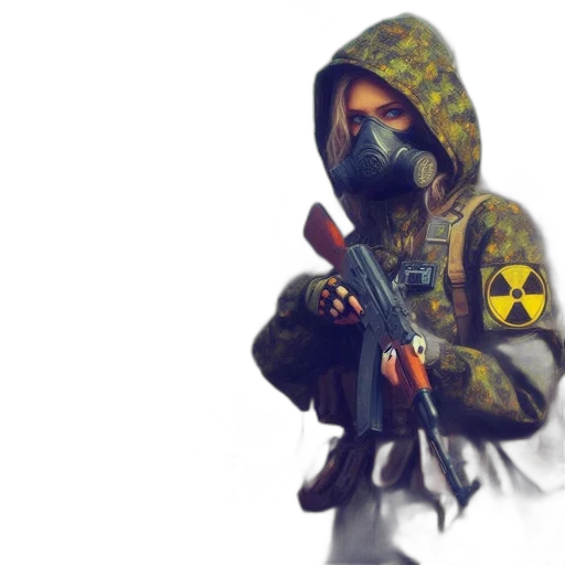 jacket, weapon, concept art, pixel art, cyberpunk, 3d render, post-apocalyptic, setting transparent PNG cut-out