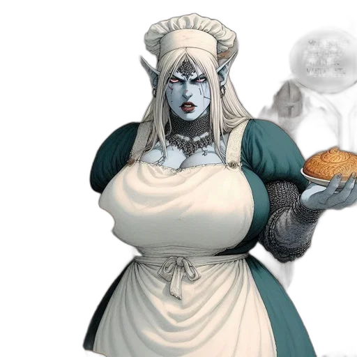 food, concept art, fantasy art, elf-like, female, baker, stern, expression transparent PNG cut-out
