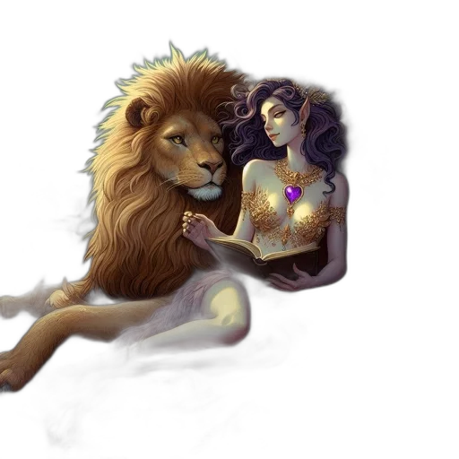 fantasy art, concept art, pixel art, photorealistic, golden, golden-maned, lion, woman transparent PNG cut-out