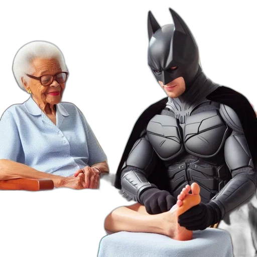 concept art, comic book art, photorealistic, elderly, woman, sits, chair, batman transparent PNG cut-out