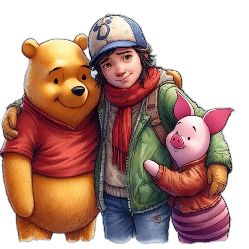 concept art, photorealistic, watercolor, comic book art, three, characters, large, yellow transparent PNG cut-out