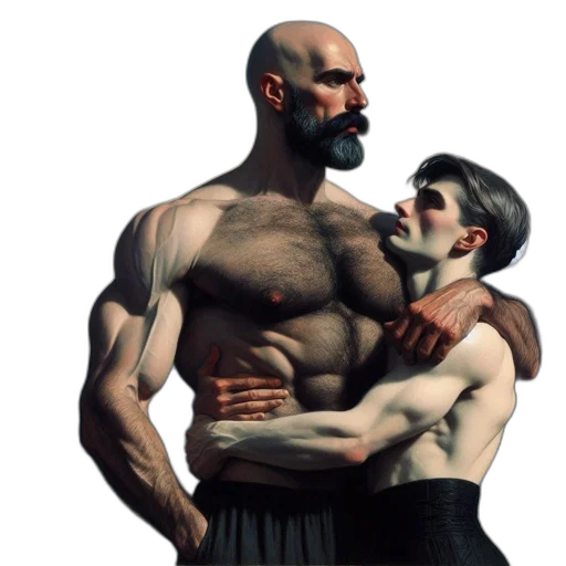 concept art, comic book art, fantasy art, photorealistic, muscular, shirtless, man, embraces transparent PNG cut-out