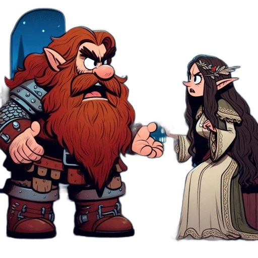concept art, fantasy art, comic book art, pixel art, fire, dwarf, elf, engaged transparent PNG cut-out
