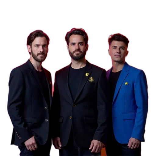 jacket, staff, crown, hair, three, men, standing, front transparent PNG cut-out