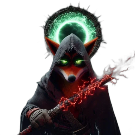 staff, mask, concept art, fantasy art, cyberpunk, comic book art, anthropomorphic, fox transparent PNG cut-out