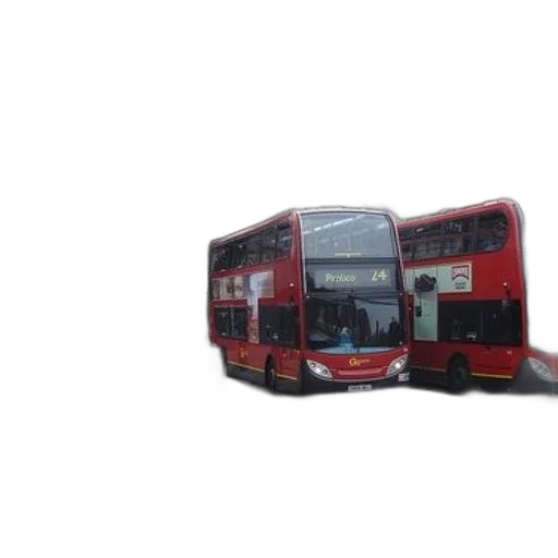 3d render, photorealistic, concept art, two, red, double-decker, buses, parked transparent PNG cut-out