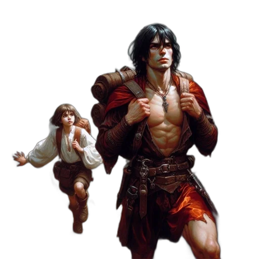 concept art, fantasy art, comic book art, 3d render, man, red, cloak, leads transparent PNG cut-out