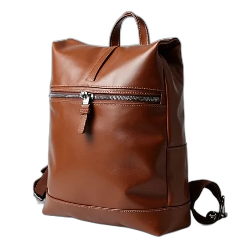 3d render, earth tones, brown, leather, backpack, silver, zipper, black transparent PNG cut-out
