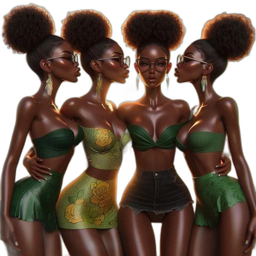 concept art, photorealistic, earth tones, green, golden, neon, four, women transparent PNG cut-out
