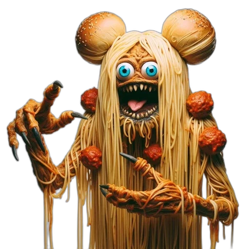 creature, mask, food, hair, concept art, food-inspired, monster, spaghetti transparent PNG cut-out