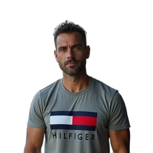jacket, man, wearing, grey, t-shirt, word, hilfiger, stands transparent PNG cut-out