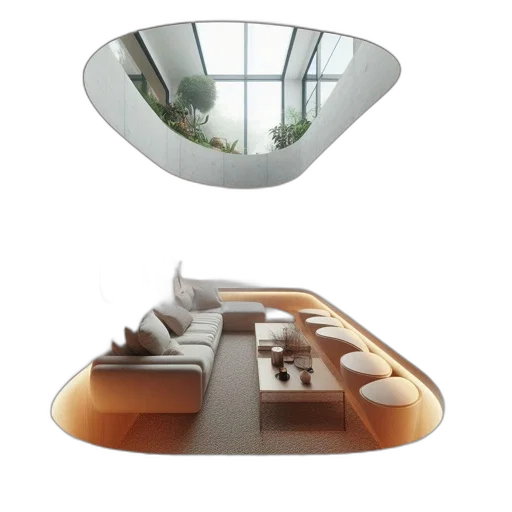 furniture, jewelry, 3d render, concept art, modern, lounge, room, features transparent PNG cut-out