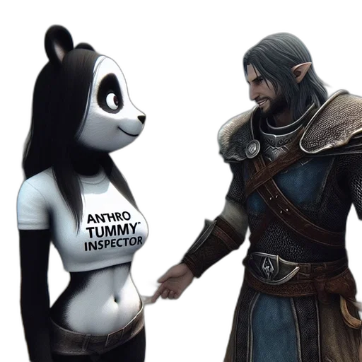 concept art, fantasy art, 3d render, two, characters, panda, t-shirt, elf-like transparent PNG cut-out