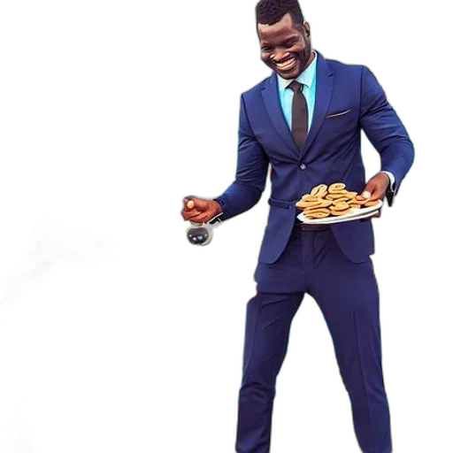 food, man, blue, suit, smiles, while, offering, cookies transparent PNG cut-out