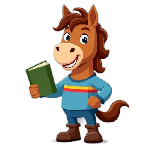 animal, staff, cartoon, horse, character, friendly, expression, holding transparent PNG cut-out