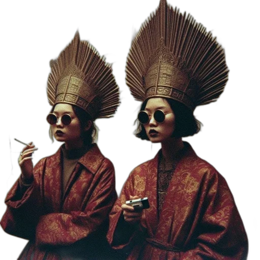 staff, mask, hat, jewelry, concept art, photorealistic, oil painting, vaporwave transparent PNG cut-out